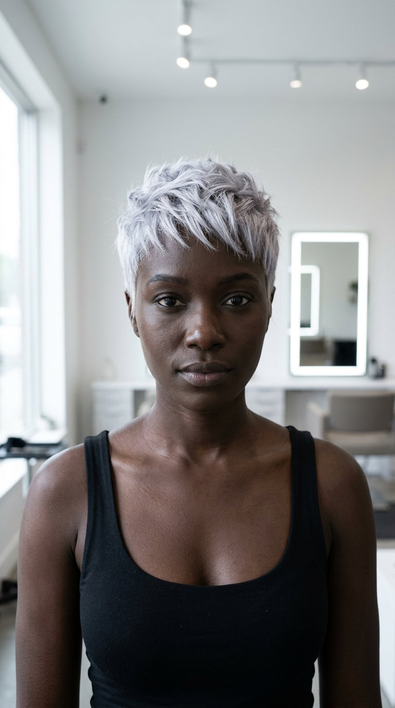 very short arctic platinum pixie with silver hues, clipper fade, textured top — bold edgy