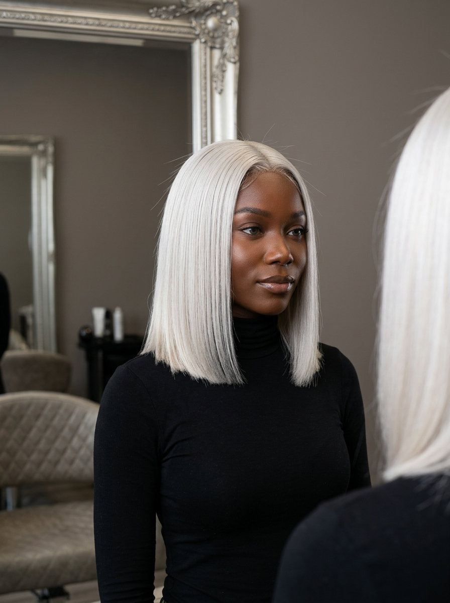 Arctic White Ash Blonde Bob 2026 short Italian bob Arctic White Ash Blonde with icy white, bold foilayage, blunt cut — bold & modern