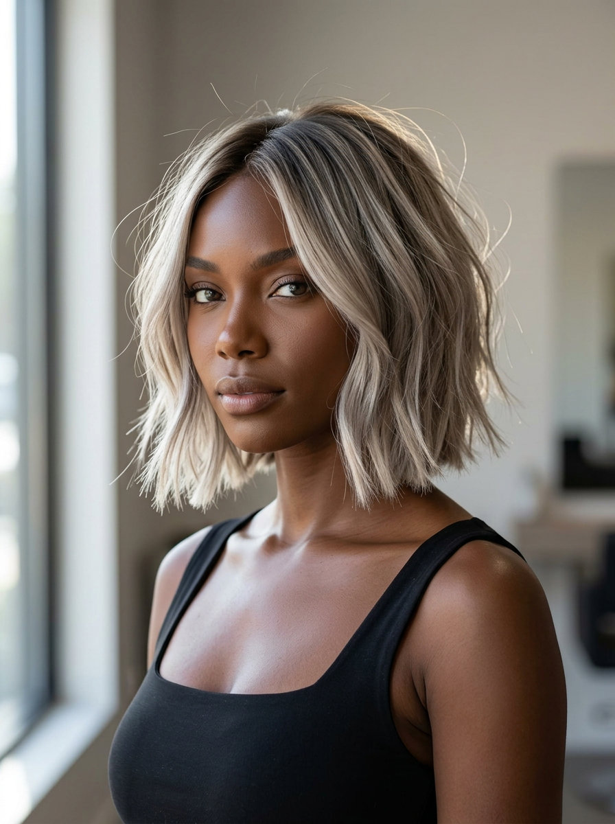 chin-length blunt bob with cool ash blonde, silver undertones, textured, edgy — weekend casual