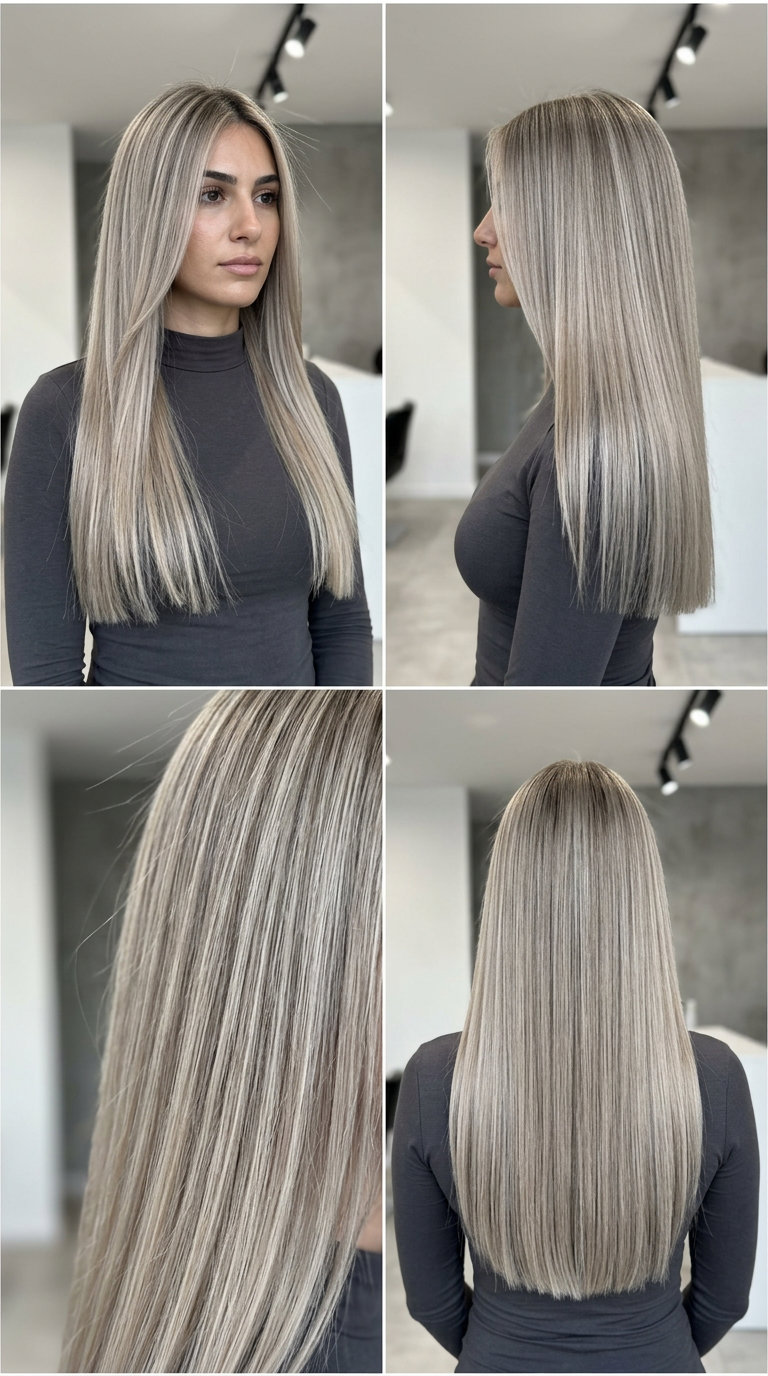 long blunt haircut with cool ash blonde and dark vanilla root smudge, precision cut for professional look