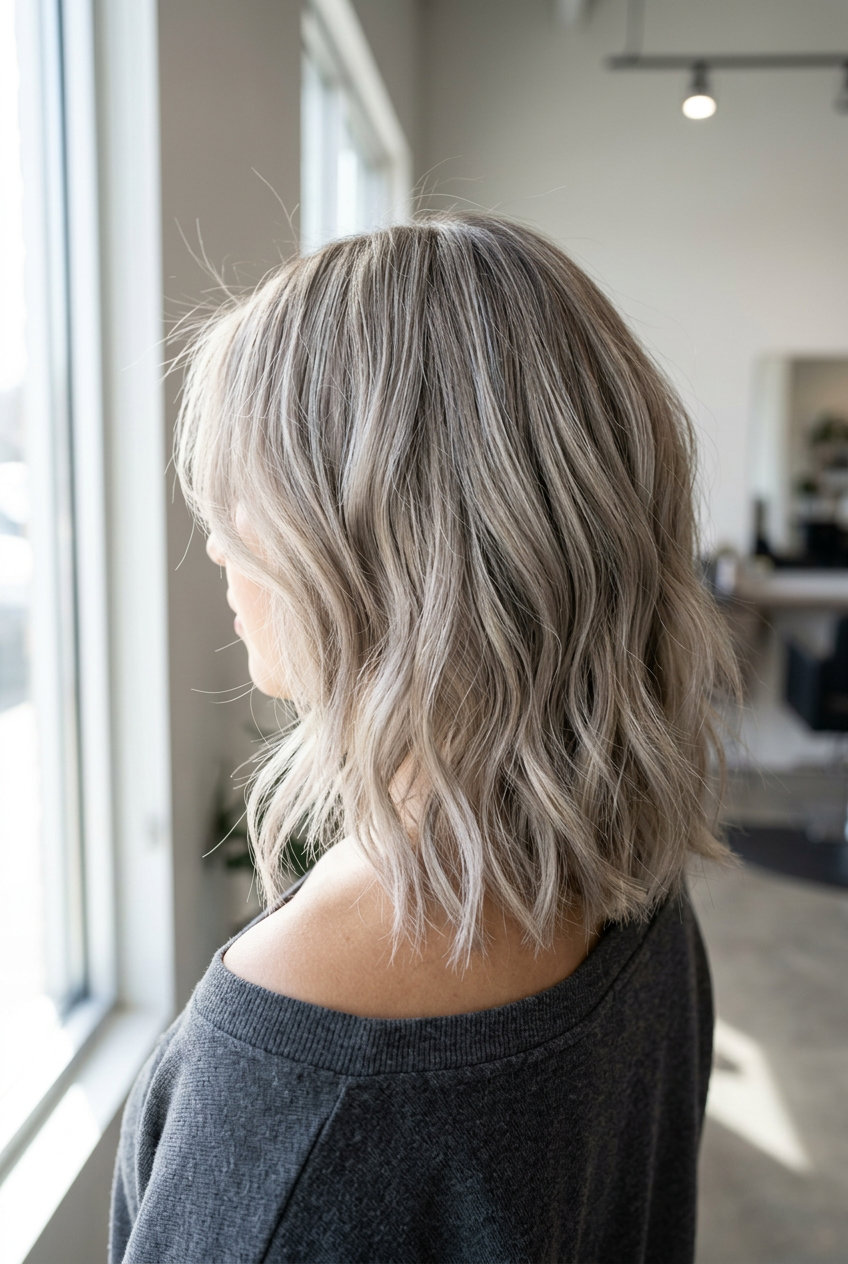 medium textured lob haircut in ash blonde with silvery micro-highlights and beige root smudge for summer