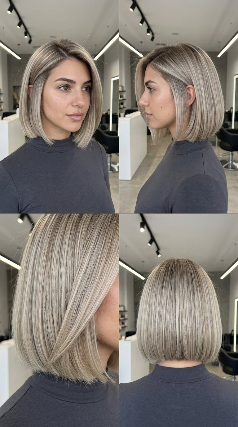 short cool ash blonde bob with beige undertones and deep side part for minimalist chic