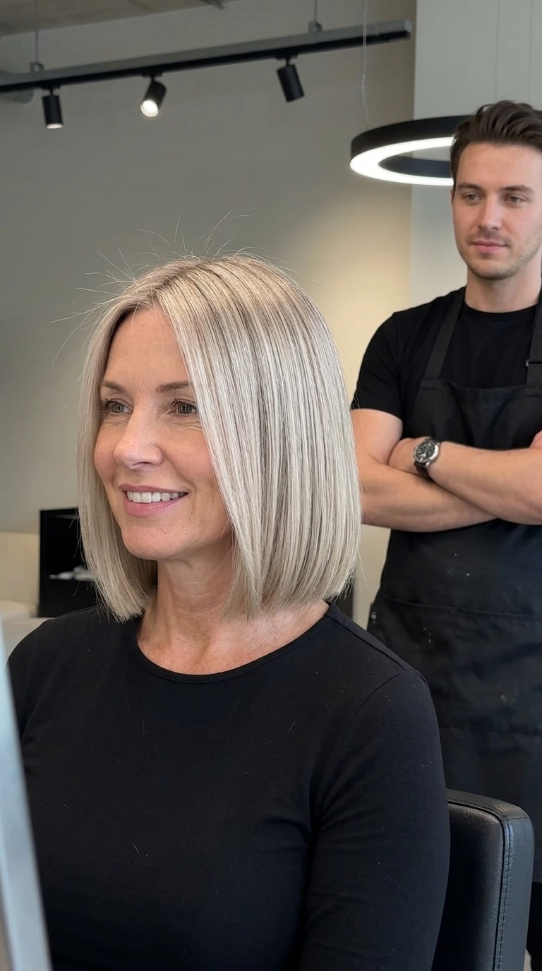 short French bob with cool ash blonde, beige undertones, curtain bangs — chic everyday style