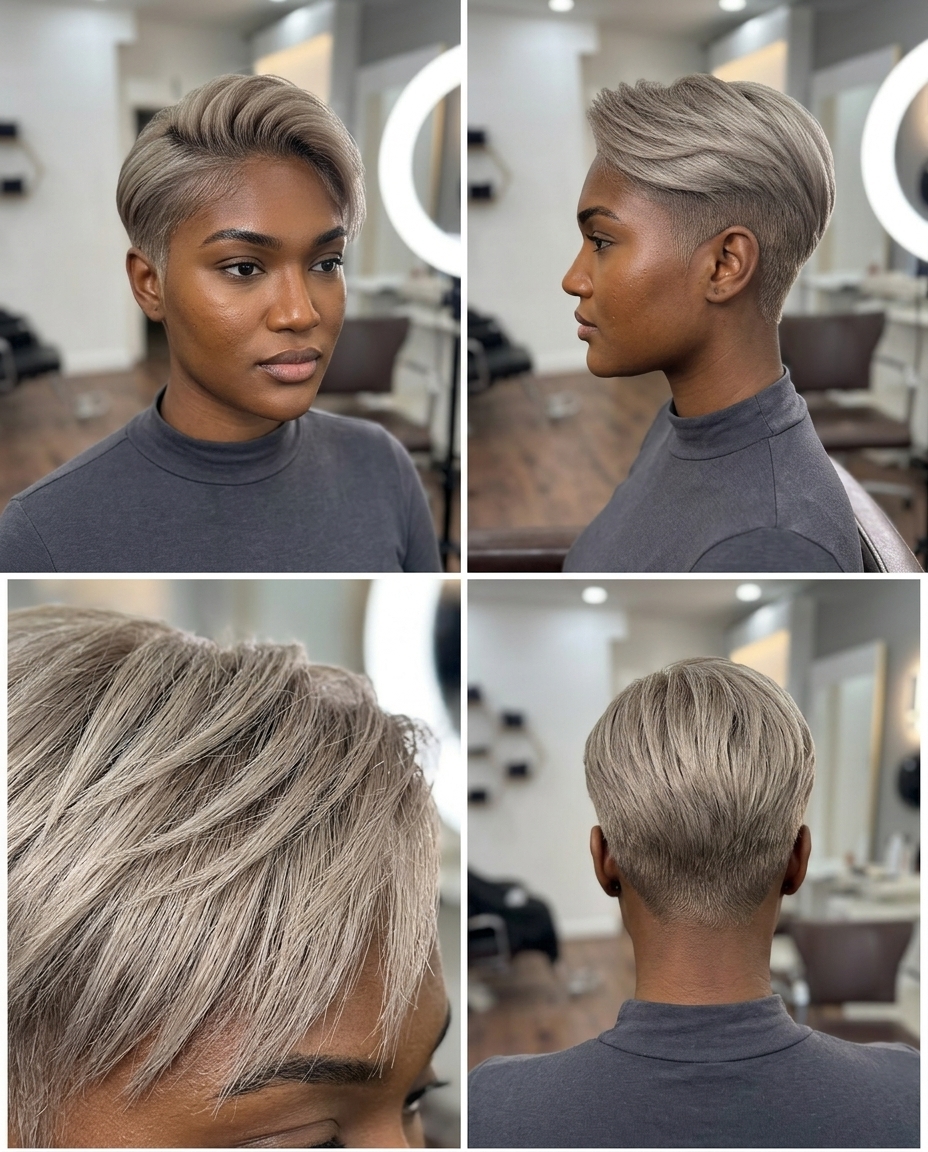 short ash blonde pixie haircut with dark root shadow and no fringe for bold androgyny
