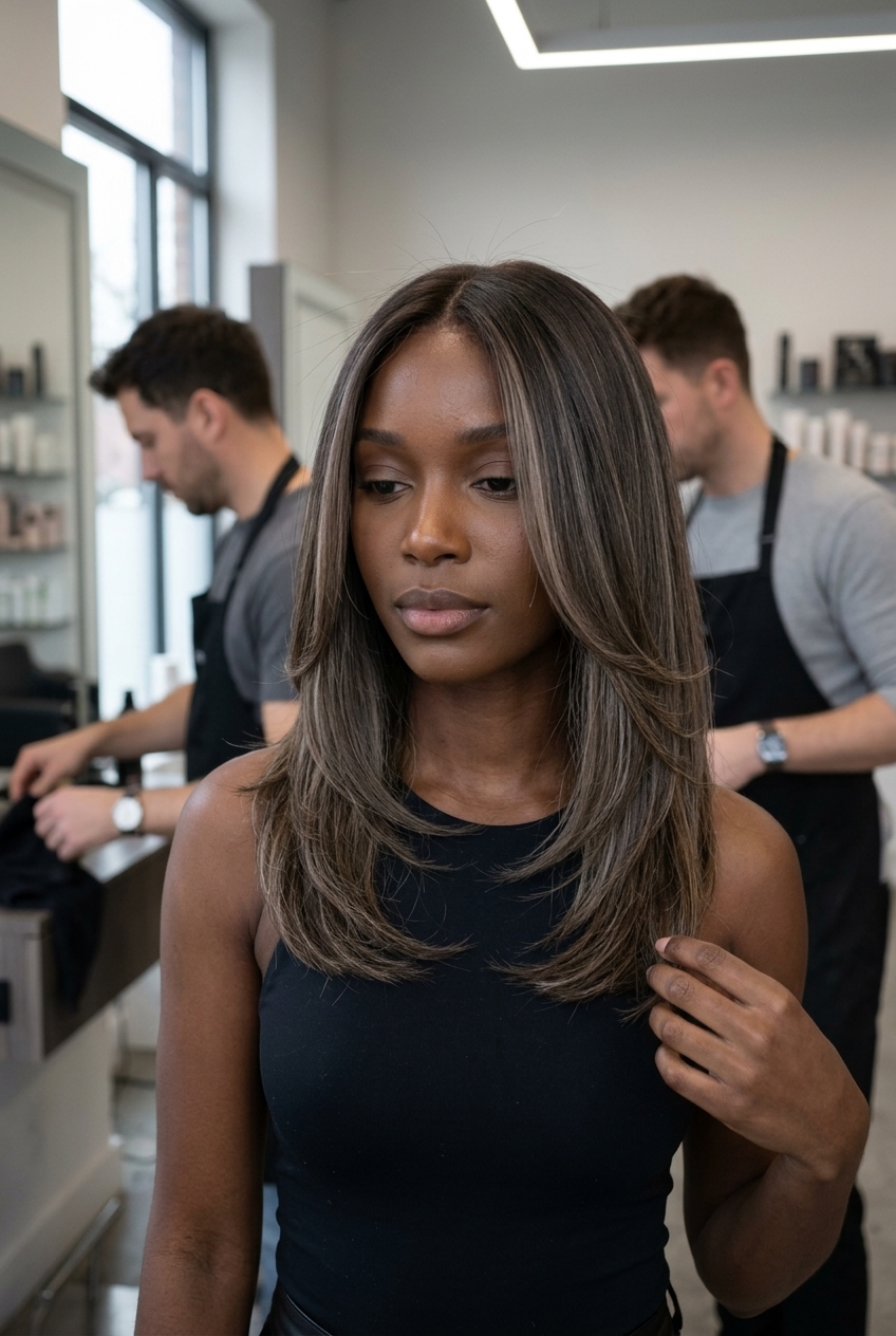 shoulder-length cool ash blonde babylights on brunette, seamless long layers — sophisticated natural