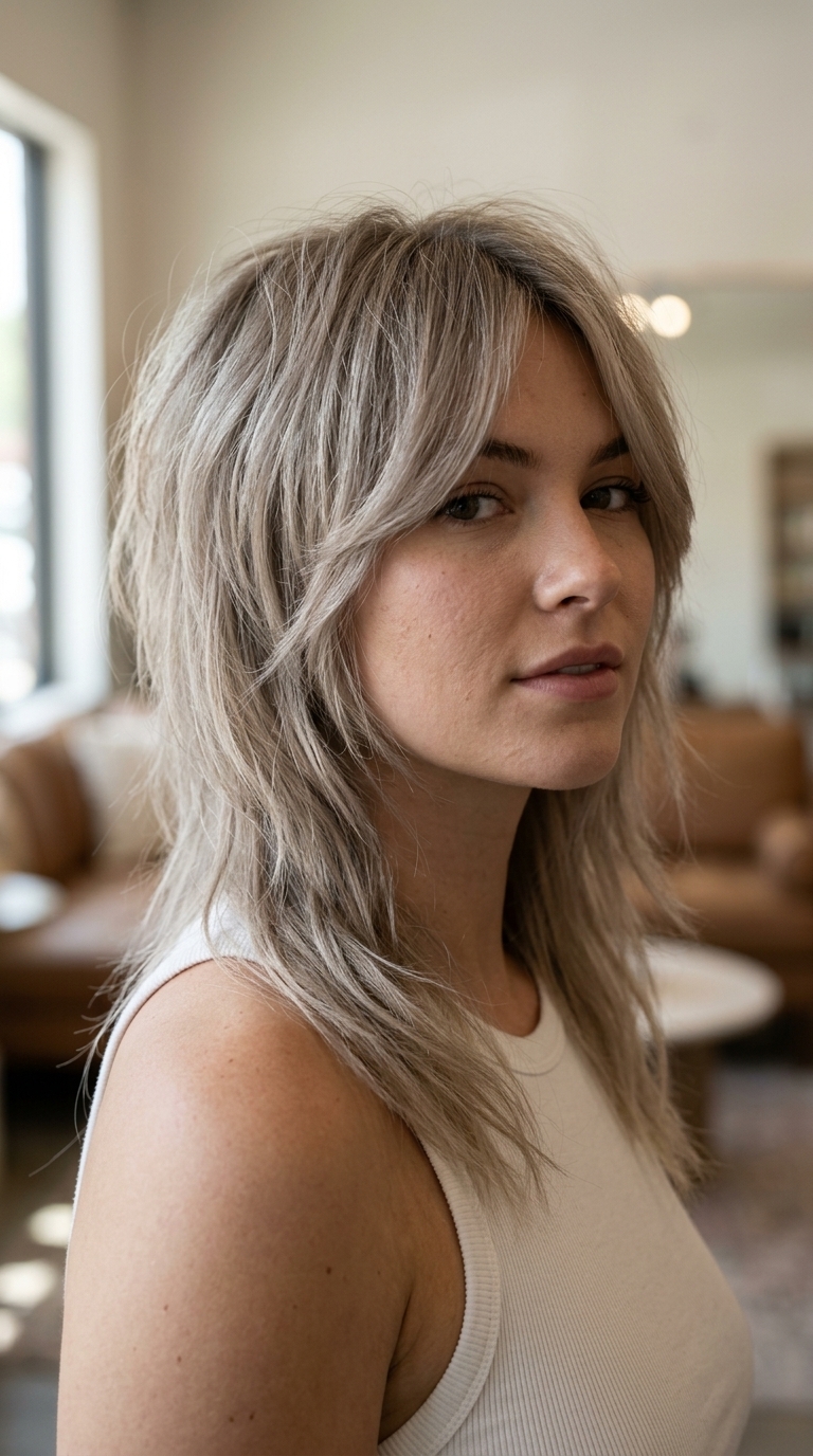 shoulder-length ash blonde shullet with curtain bangs, soft layers, root smudge — effortless cool-girl