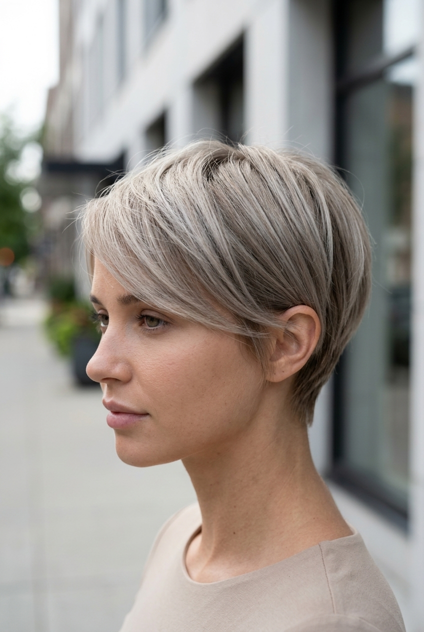 very short blunt-cut pixie haircut in linen ash blonde with root smudge, sharply tapered sides for a sophisticated look