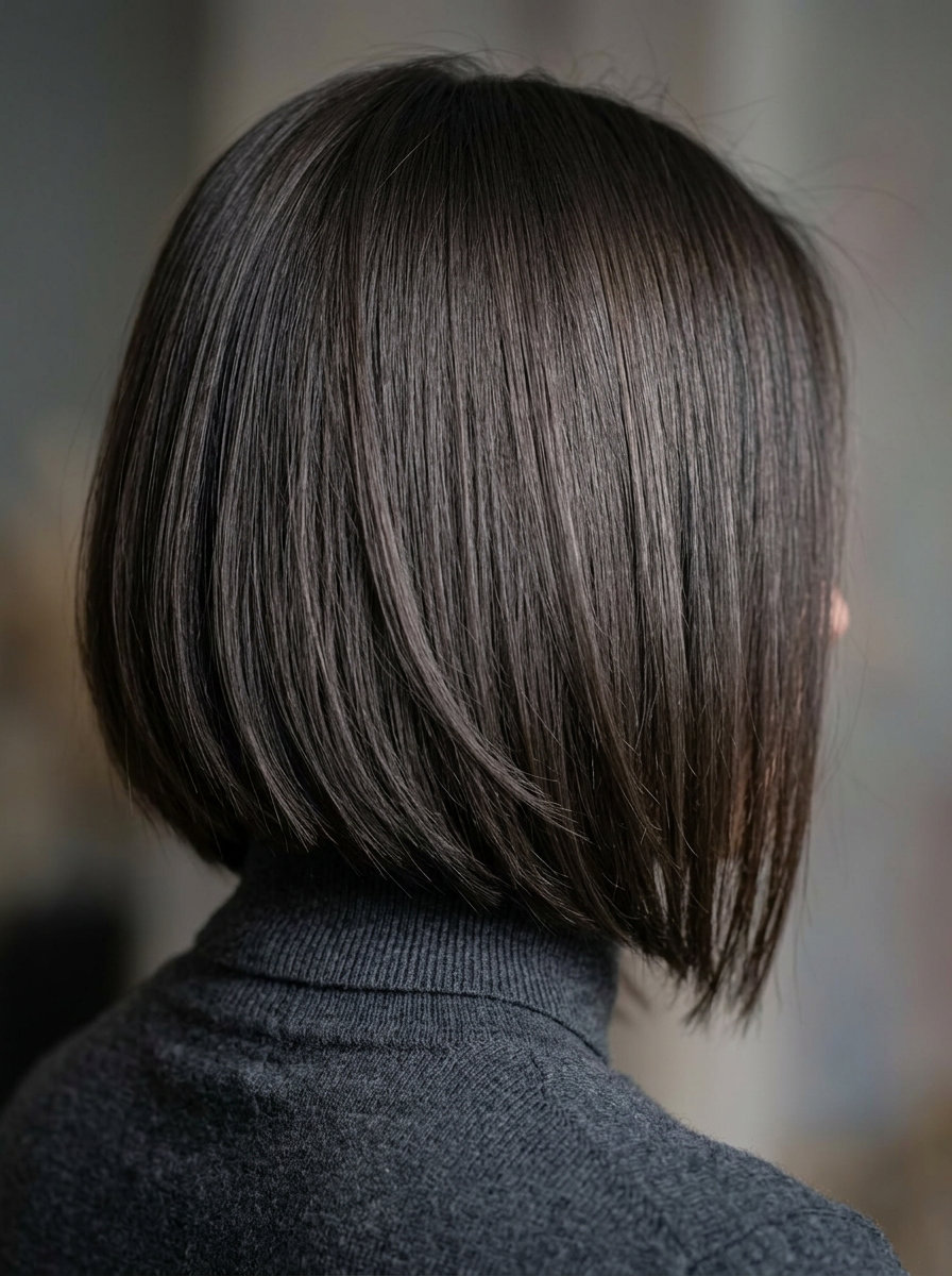 chin-length Italian bob haircut with ash brunette, root melt, razor-cut ends — professional, edgy