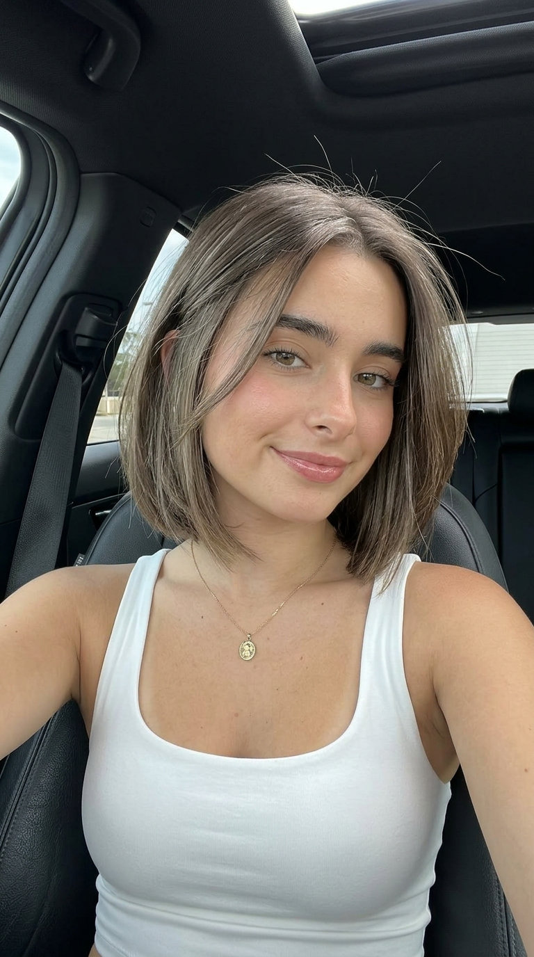 chin-length Italian bob haircut with ash brown, silver gloss, shattered perimeter — edgy, effortless