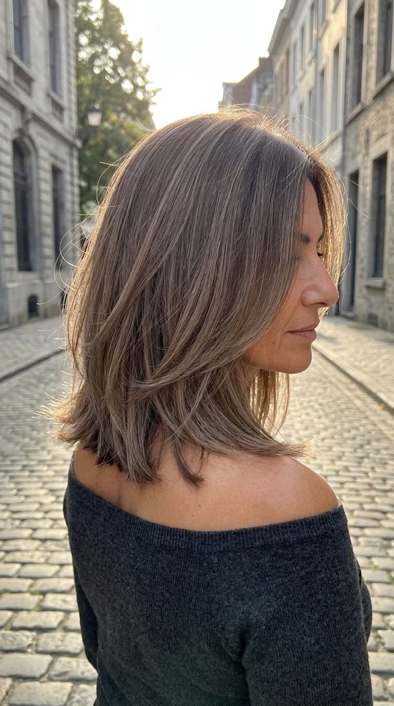 collarbone-length lob in cool ash brown with beige lowlights, piecey texture — minimalist chic look