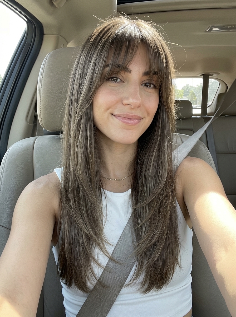long ash brown hair with Birkin bangs and subtle beige babylights for romantic French chic