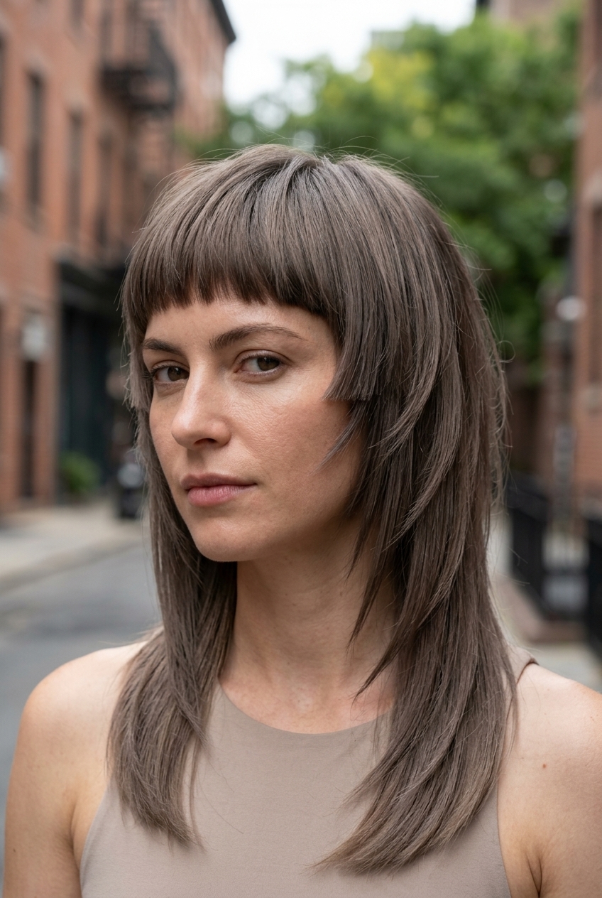 long ash brown step mullet with blunt transitions and charcoal lowlights for sophisticated looks