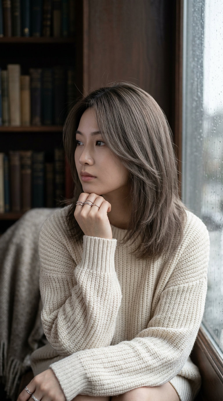 medium layered haircut in cool ash brown, wispy point-cut layers, tapered face-framing layers — minimalist effortless style