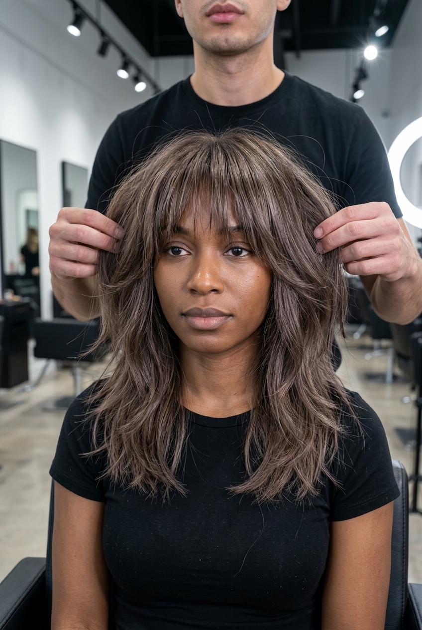 medium shag haircut in cool ash brown with mahogany lowlights and wispy bangs, choppy layers — edgy, retro, textured