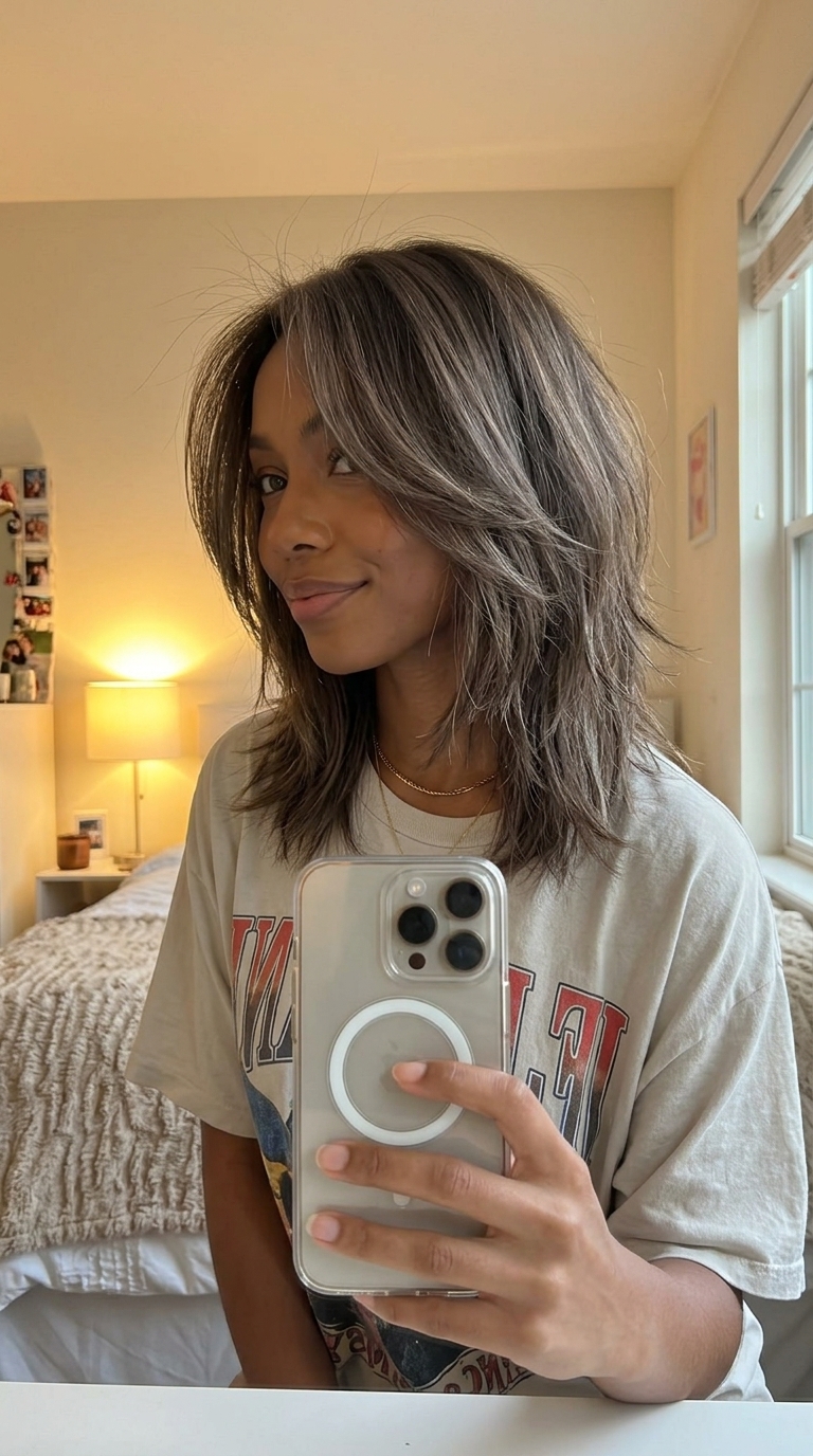 medium shag haircut in cool ash brown with beige micro-lights and wispy fringe, razored ends — edgy, cool, effortless, rebellious