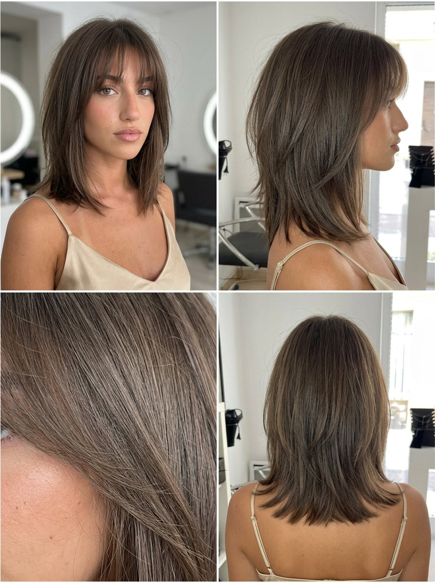 medium cool ash brown shag with mushroom undertones and brow-skimming fringe for summer