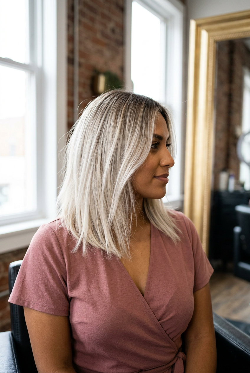 shoulder-length lob blonde with ash brown shadow root and cool platinum ends for summer