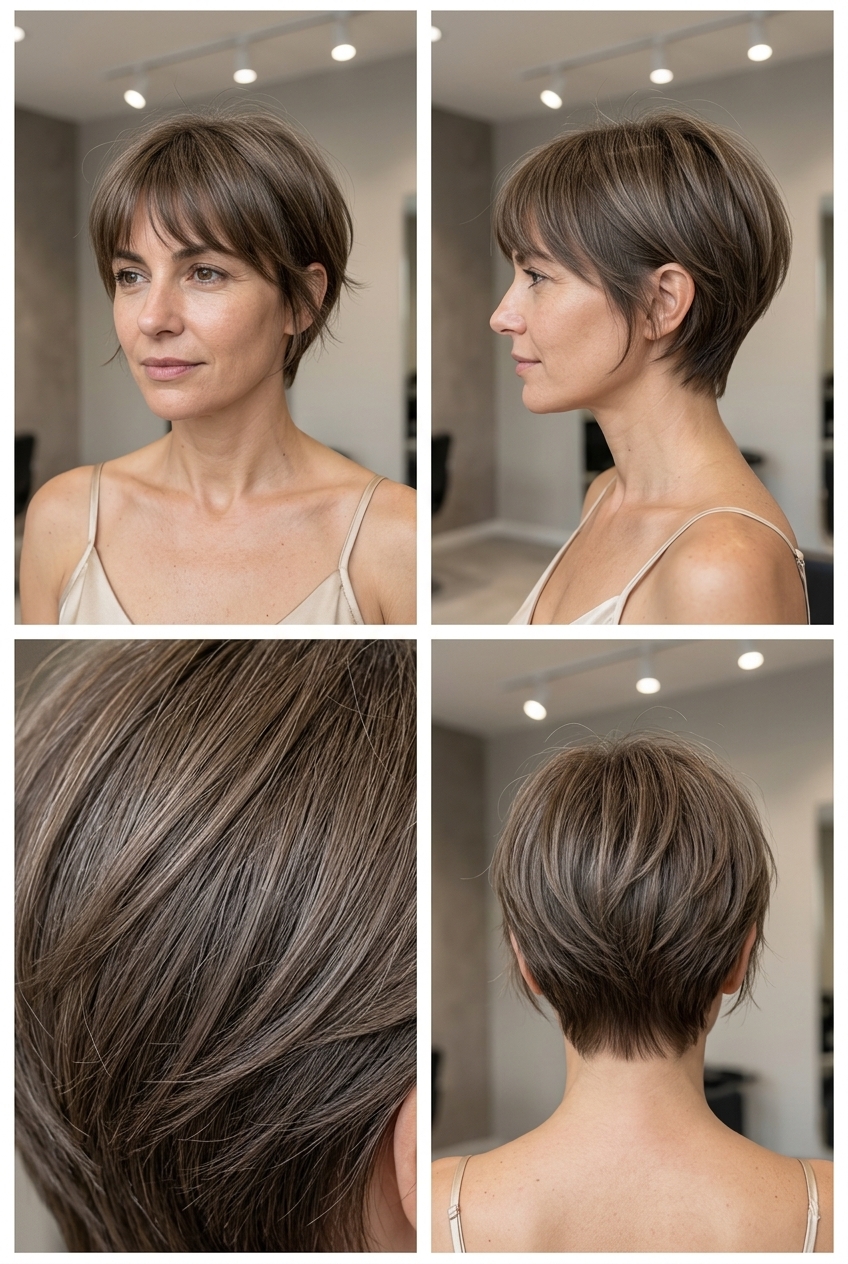 Soft Pixie: Feminine Summer Haircut 2026 short ash brown pixie haircut with feathered fringe and tapered nape for summer