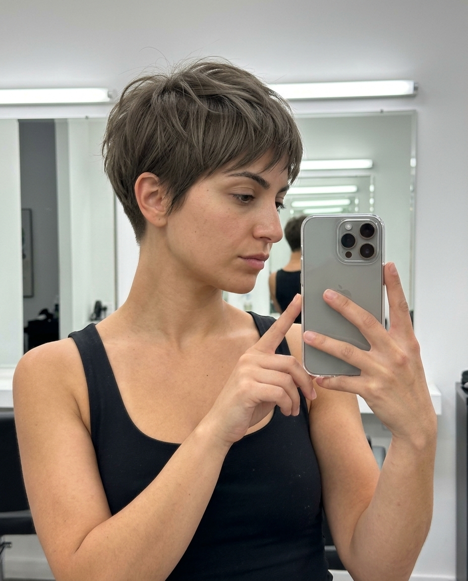 short ash brown pixie cut with grey undertones, uniform application, tapered nape — edgy chic minimalist