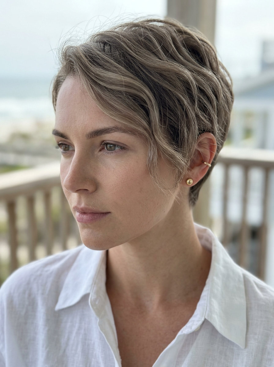 Minimalist Scandi-Wave Pixie 2026 short ash brown pixie haircut with subtle waves and side-swept fringe for sophisticated beach days
