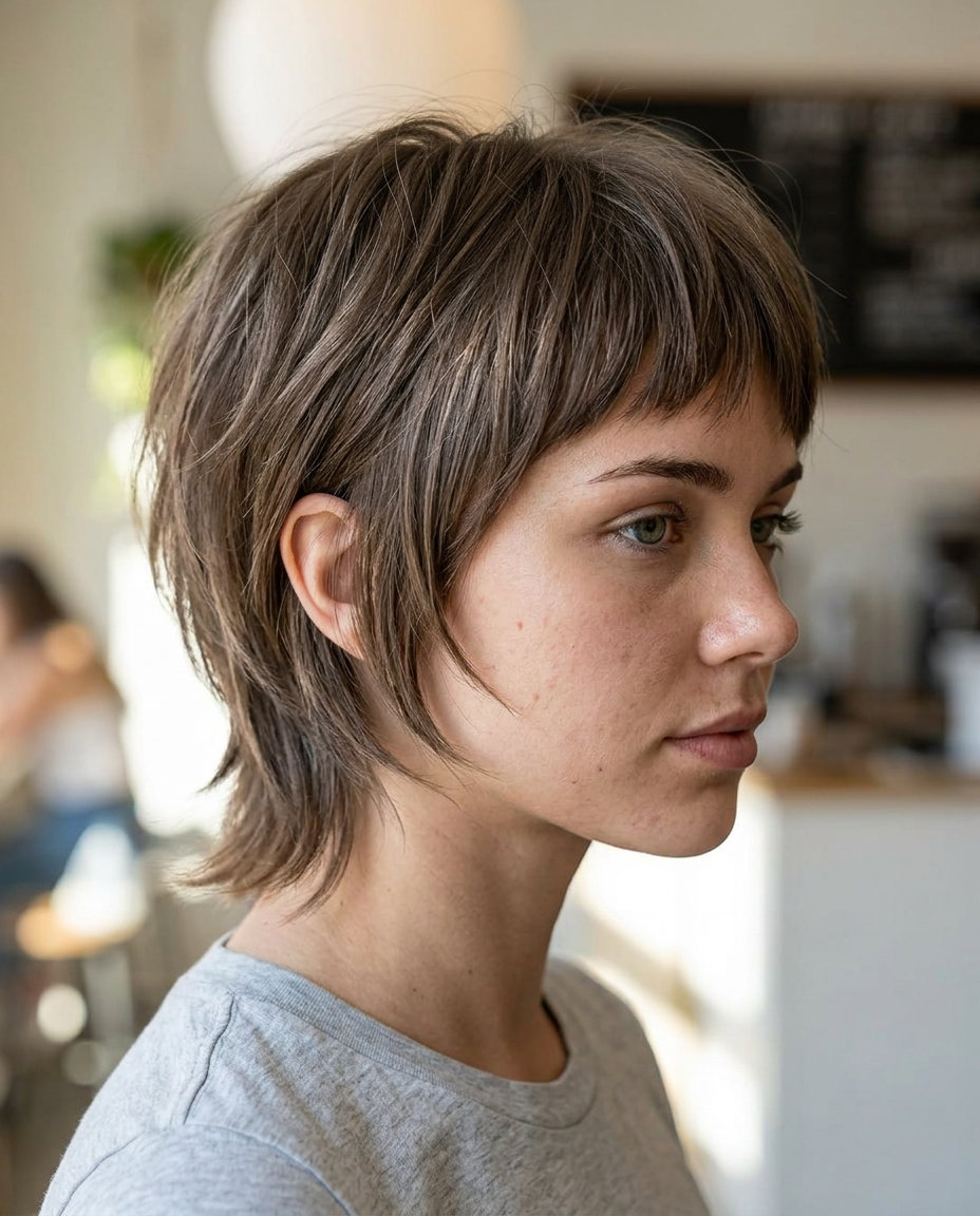 short ash brown pixie shag with charcoal undertones, razored layers, micro-fringe for edgy daily wear