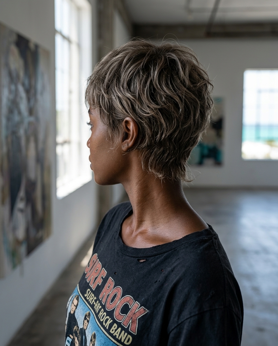Textured Pixie Haircuts 2026 short wavy hairstyles with ash brown and blonde highlights, textured pixie cut, no fringe — edgy modern undone