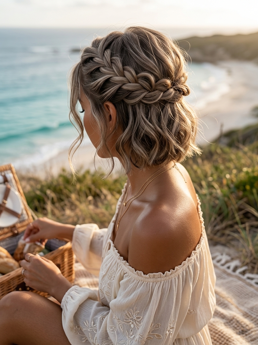 Bohemian Twisted Crown Pixie 2026 short ash brown pixie haircut with twisted crown and natural waves for bohemian beach days