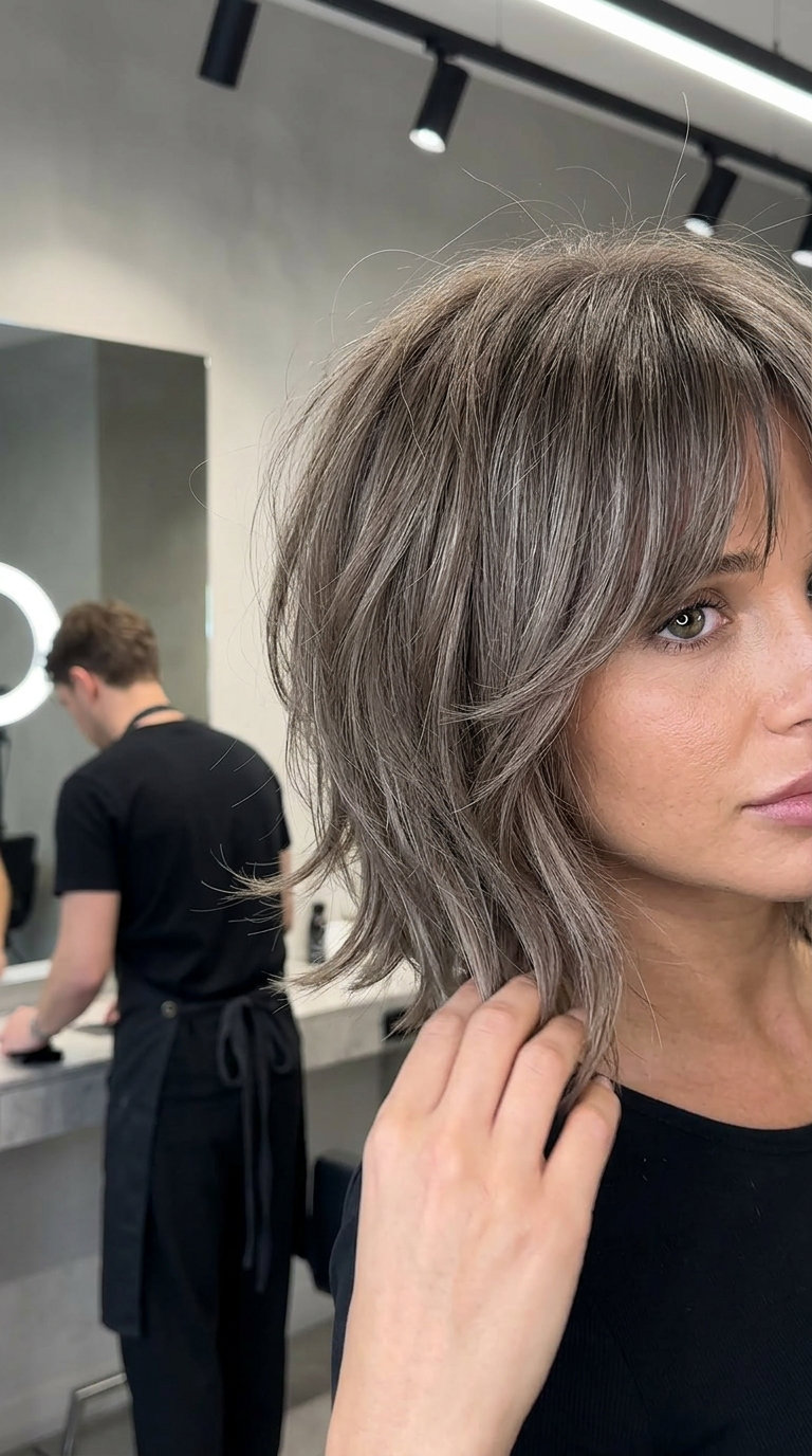 chin-length shag bob haircut in cool ash brown with silver micro-highlights and choppy fringe for city chic