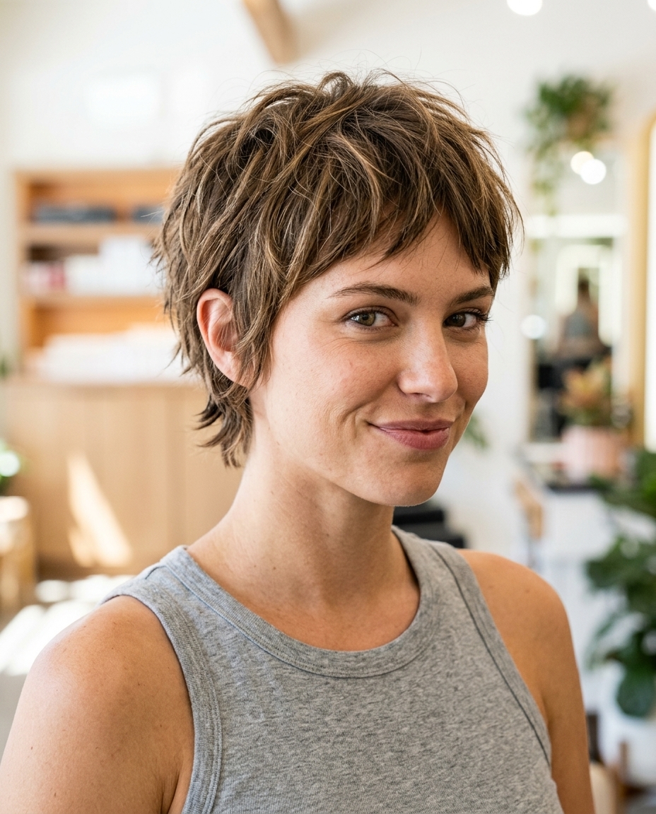 very short pixie-shag haircut in cool ash brown with subtle balayage, shattered textured layers for an edgy vibe