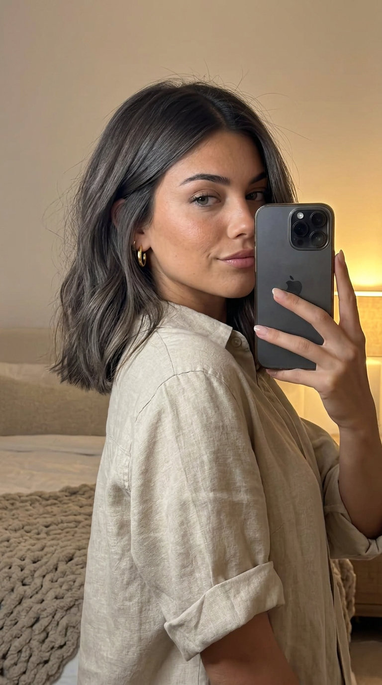 medium ash brunette lob haircut with espresso root smudge, blunt perimeter and subtle internal layers for daily wear