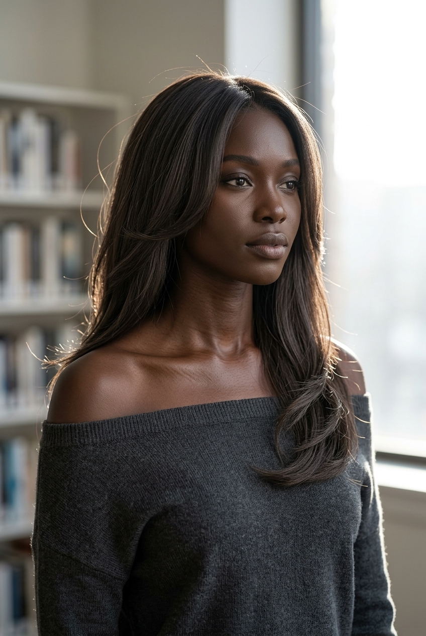 long ash espresso hair with charcoal depth, internal layers, U-shaped back — sophisticated classic