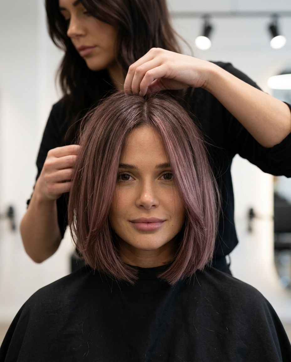chin-length French bob with ash-pink overlay, blunt perimeter, and center part for a sophisticated look