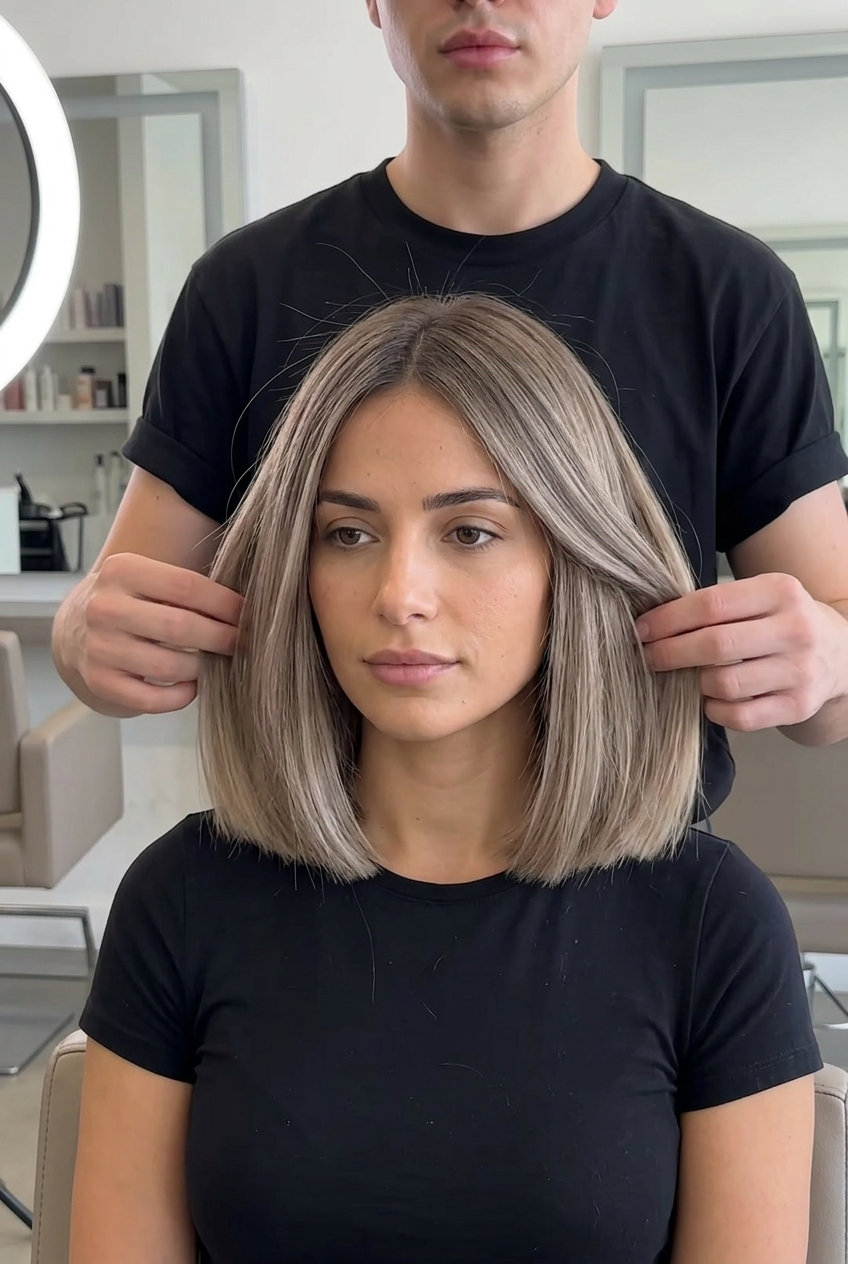 chin-length blunt bob haircut with ashy blonde & cool brown bronde, pearl toner, sleek for sophisticated looks