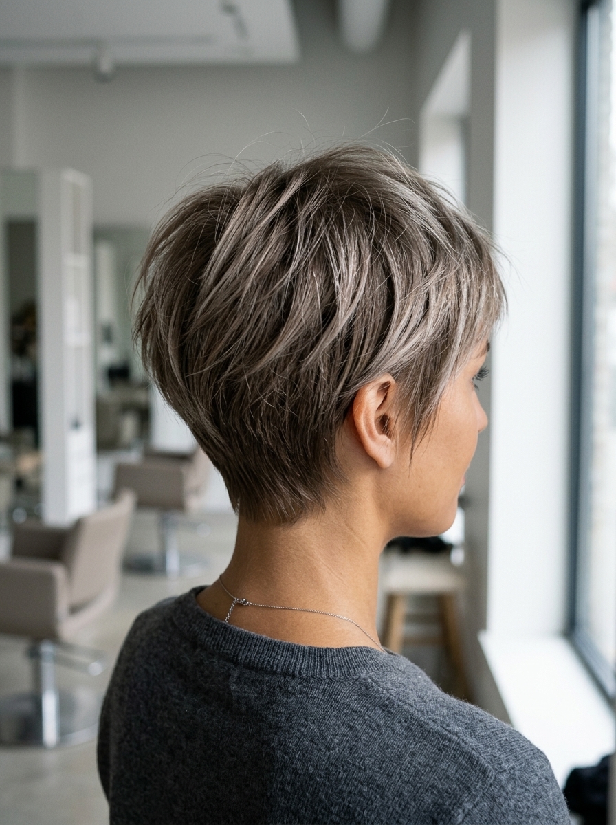 very short razored pixie haircut with ashy light brunette and silver-beige, AirTouch technique — edgy
