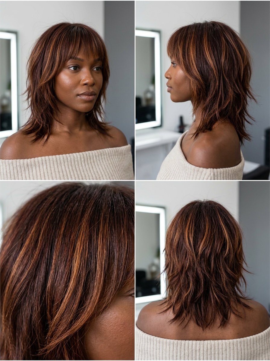 medium-length shag haircut in auburn-brunette with copper-gold babylights for summer