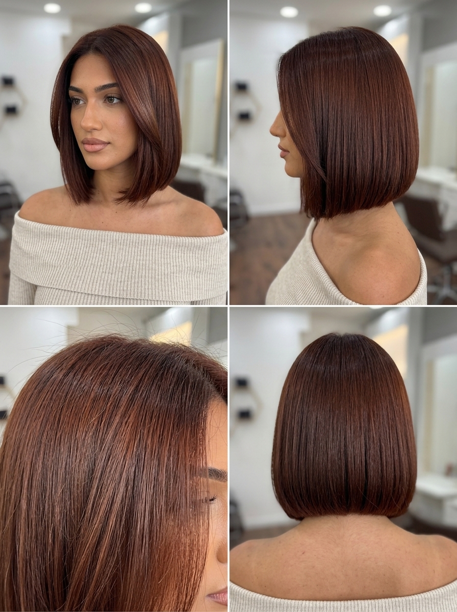 chin-length blunt bob in deep auburn with mahogany, sculpted, elegant — date night
