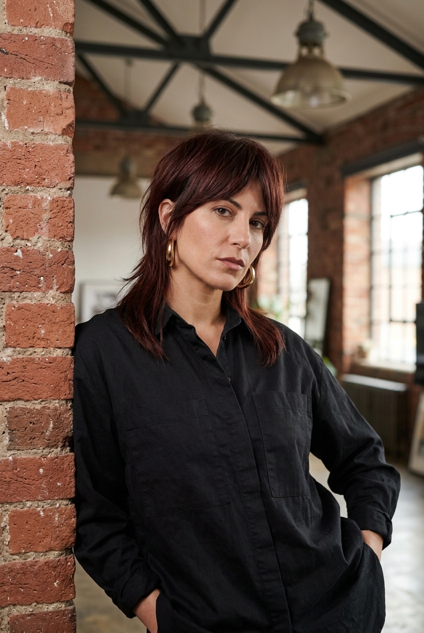 collarbone-length mullet haircut with auburn brunette, warm undertones, razored ends for summer