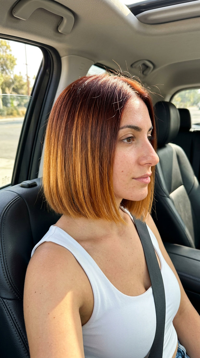 chin-length blunt bob haircut with auburn to copper ombré, no layers, no bangs — sophisticated modern