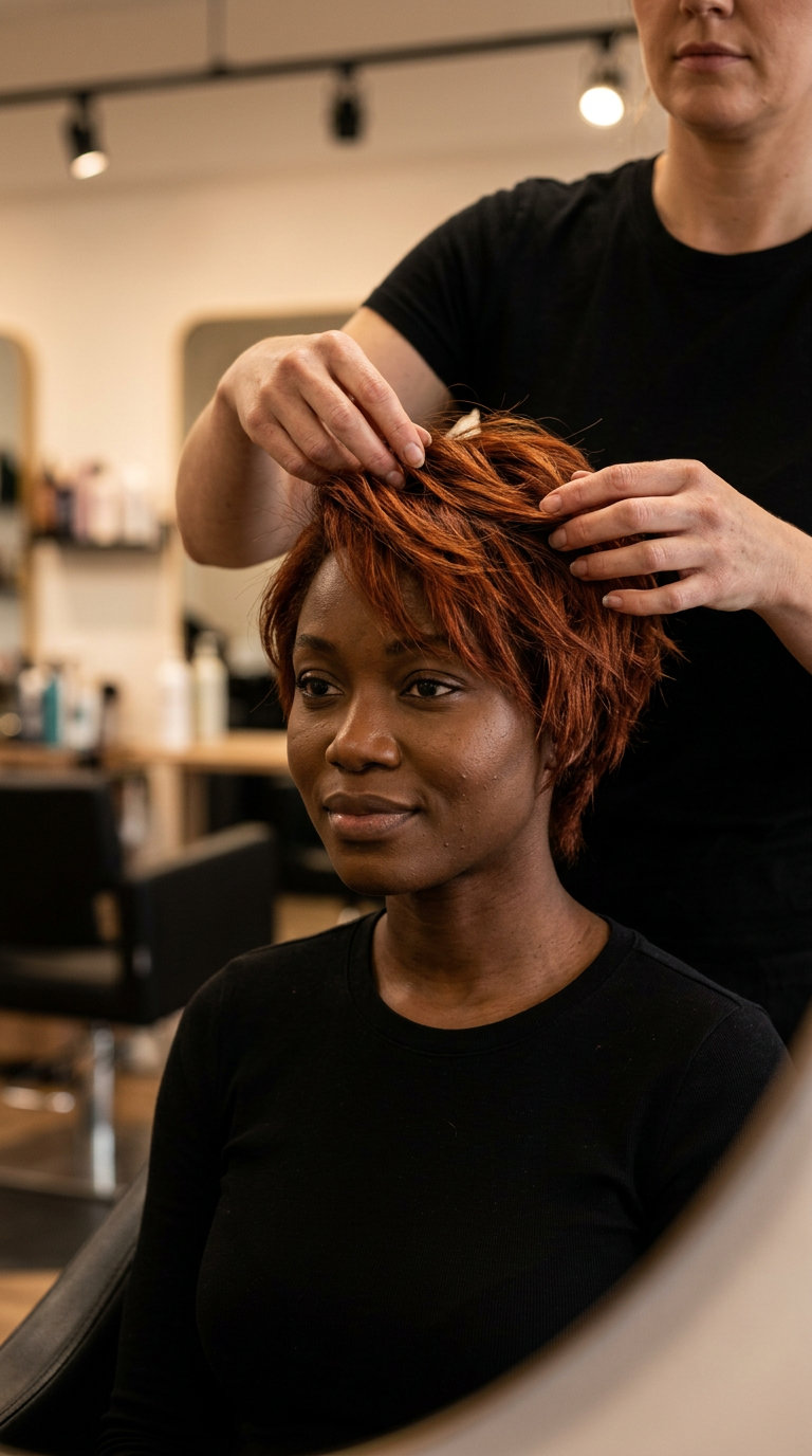 short auburn spice bixie haircut with fiery copper undertones, heavily razored shaggy texture and wispy bangs for a playful look