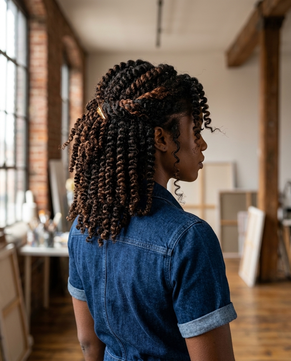 medium coily layered natural hair half up half down with auburn halo highlights, twist-out texture — bold natural