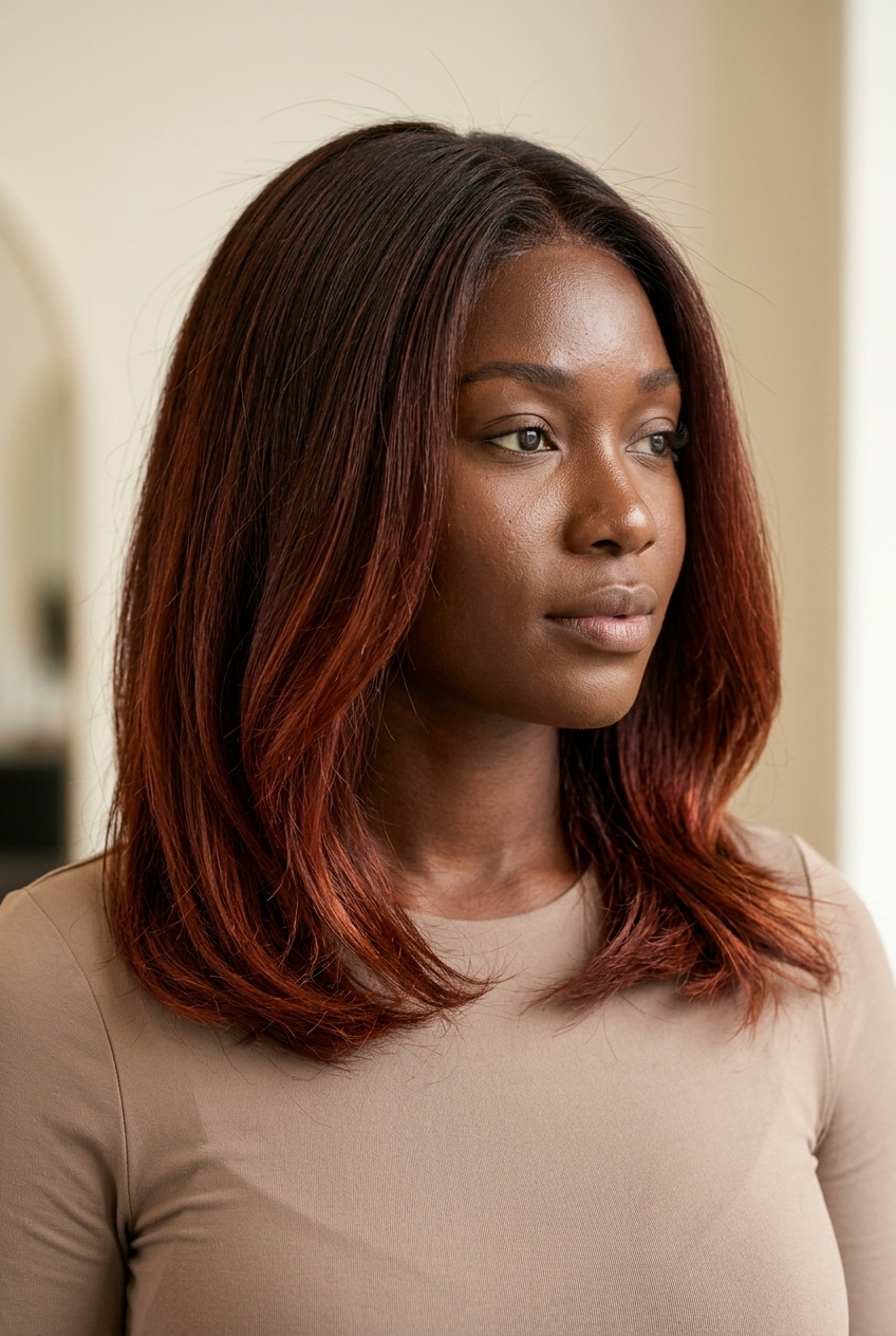 long deep auburn reverse balayage with chocolate brown root and copper ends for summer 2026