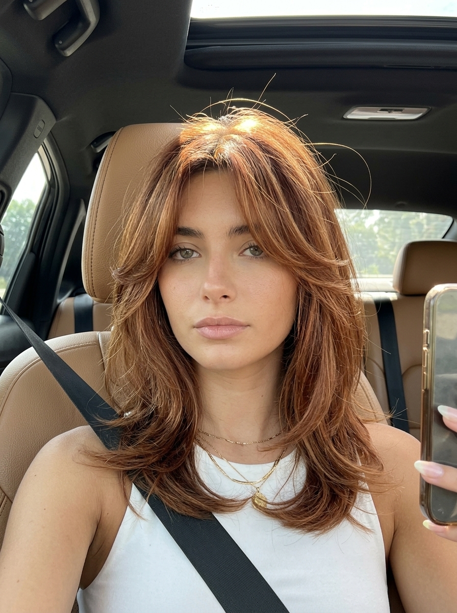 collarbone-length shag haircut in dimensional auburn with golden-copper babylights and curtain bangs for bohemian style