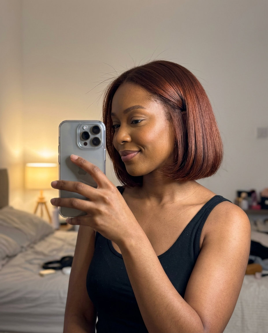 short french bob haircut in muted auburn with copper undertones, blunt cut, no fringe — refined formal event