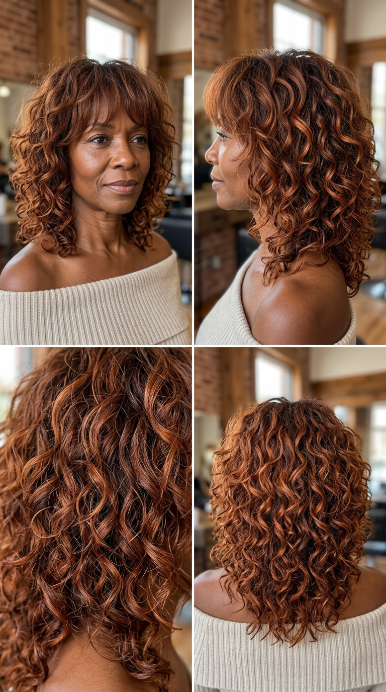 shoulder-length curly auburn shag with copper balayage and feathery fringe