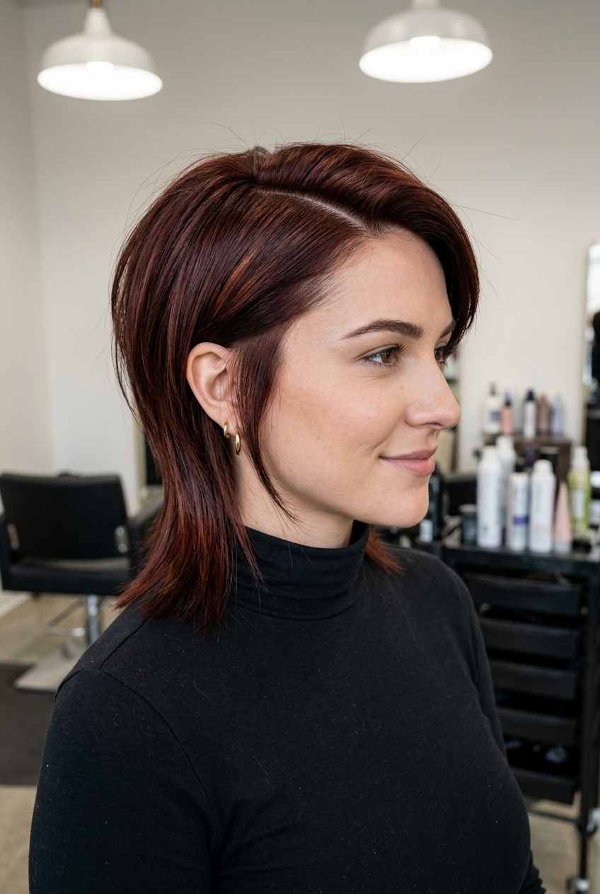 shoulder-length auburn mullet with blunt perimeter and tapered sides for elegant look