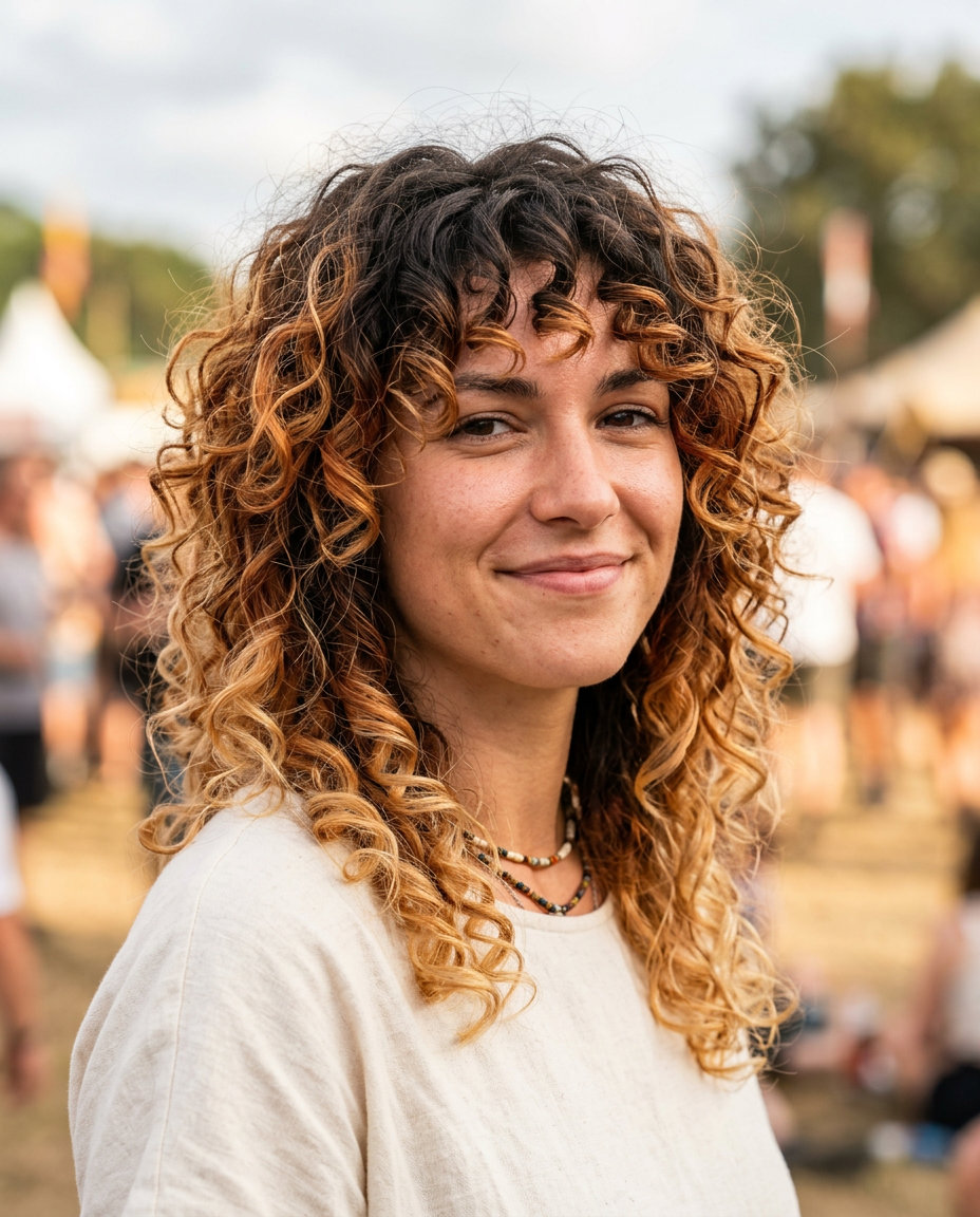 Summer Wolf Cut 2026: Festival Ombré Curls long auburn to golden blonde ombré wolf cut with voluminous curls and curtain bangs for summer