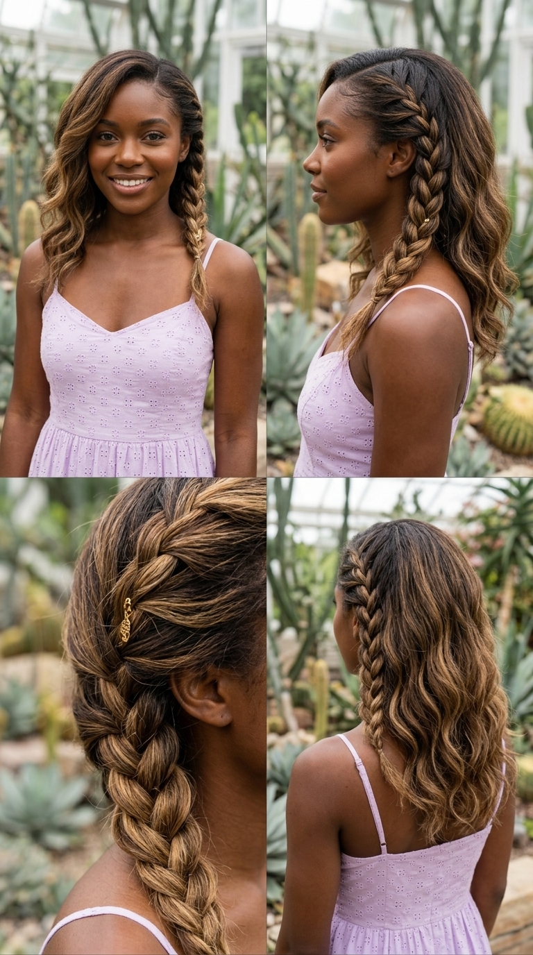Wavy Side Braid: Boho Summer Accent 2026 shoulder-length wavy hair with subtle balayage, side braid with accent — bohemian daily wear