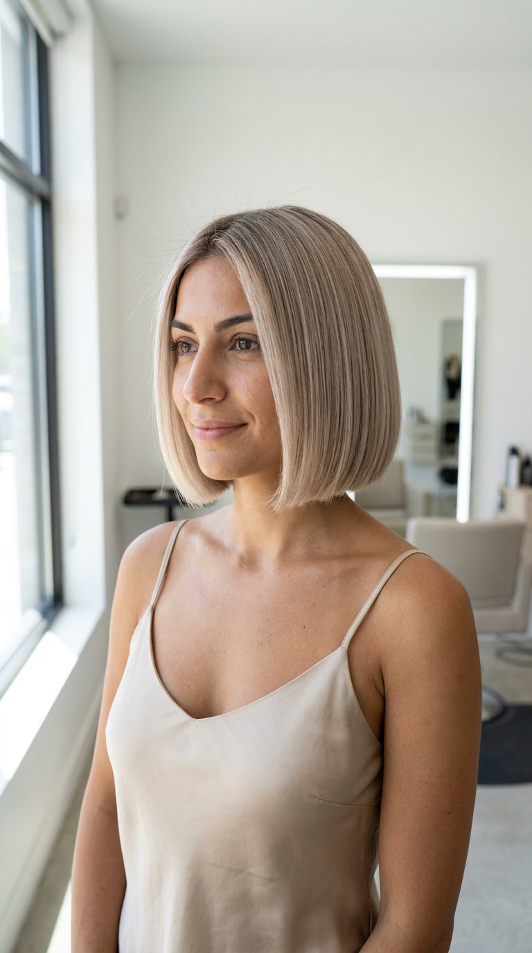 chin-length italian bob haircut in neutral beige blonde with soft root smudge, heavy blunt perimeter — minimalist chic sophisticated