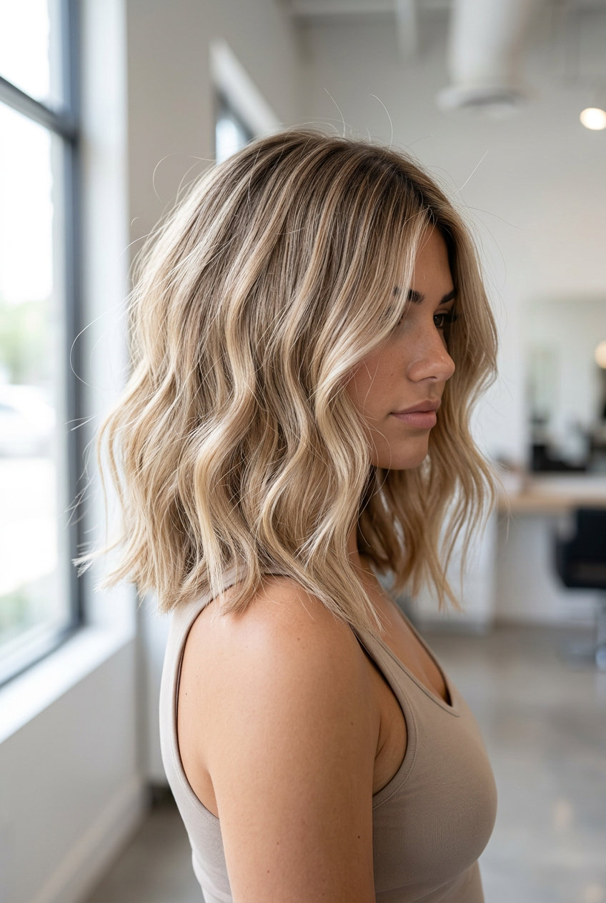 medium beige blonde lob haircut with sandy highlights, soft blunt line and swept-aside fringe for casual coffee