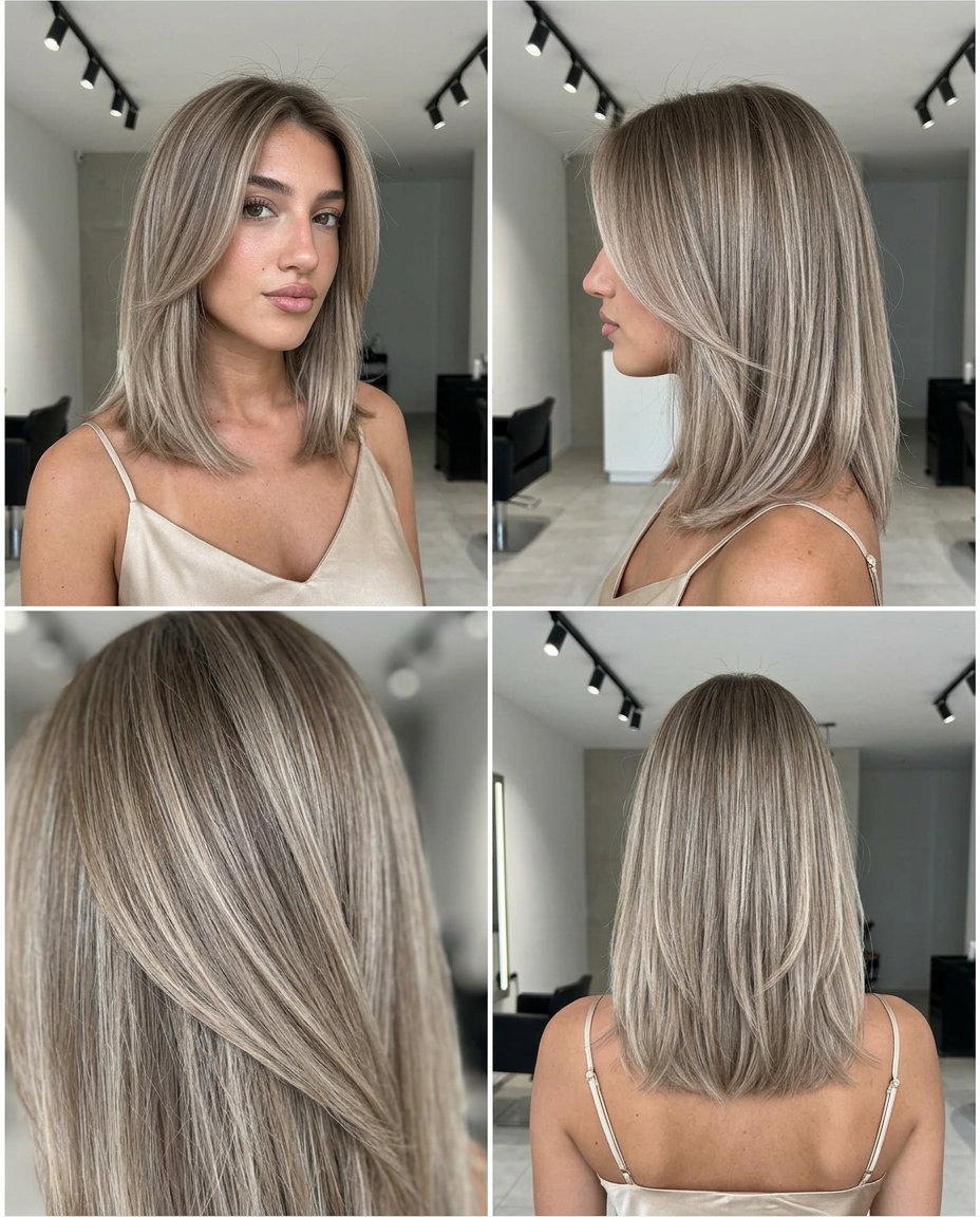 Ash Blonde Beige Blend Balayage 2026 long ash blonde balayage with beige highlights, subtle root smudge, no fringe — sophisticated